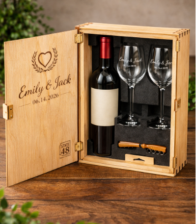 Personalized Wine Gift Box Set – 2 Engraved Glasses + Monogram Bottle Opener (No Alcohol Included)