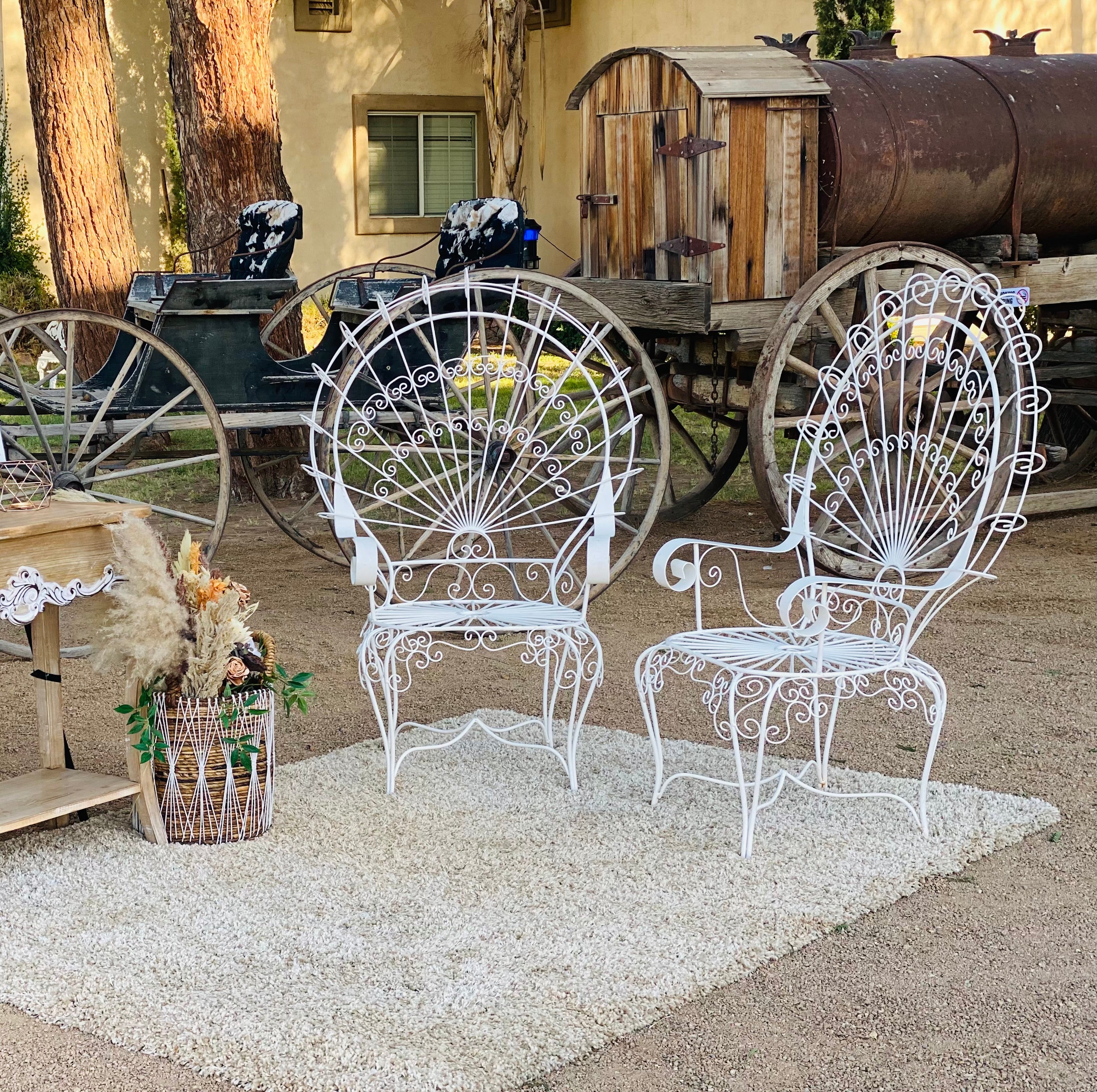 Vintage white wrought iron peacock chairs